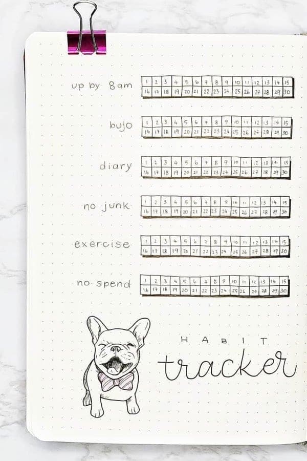 This is a bullet journal mood tracker with a French bulldog doodle.
