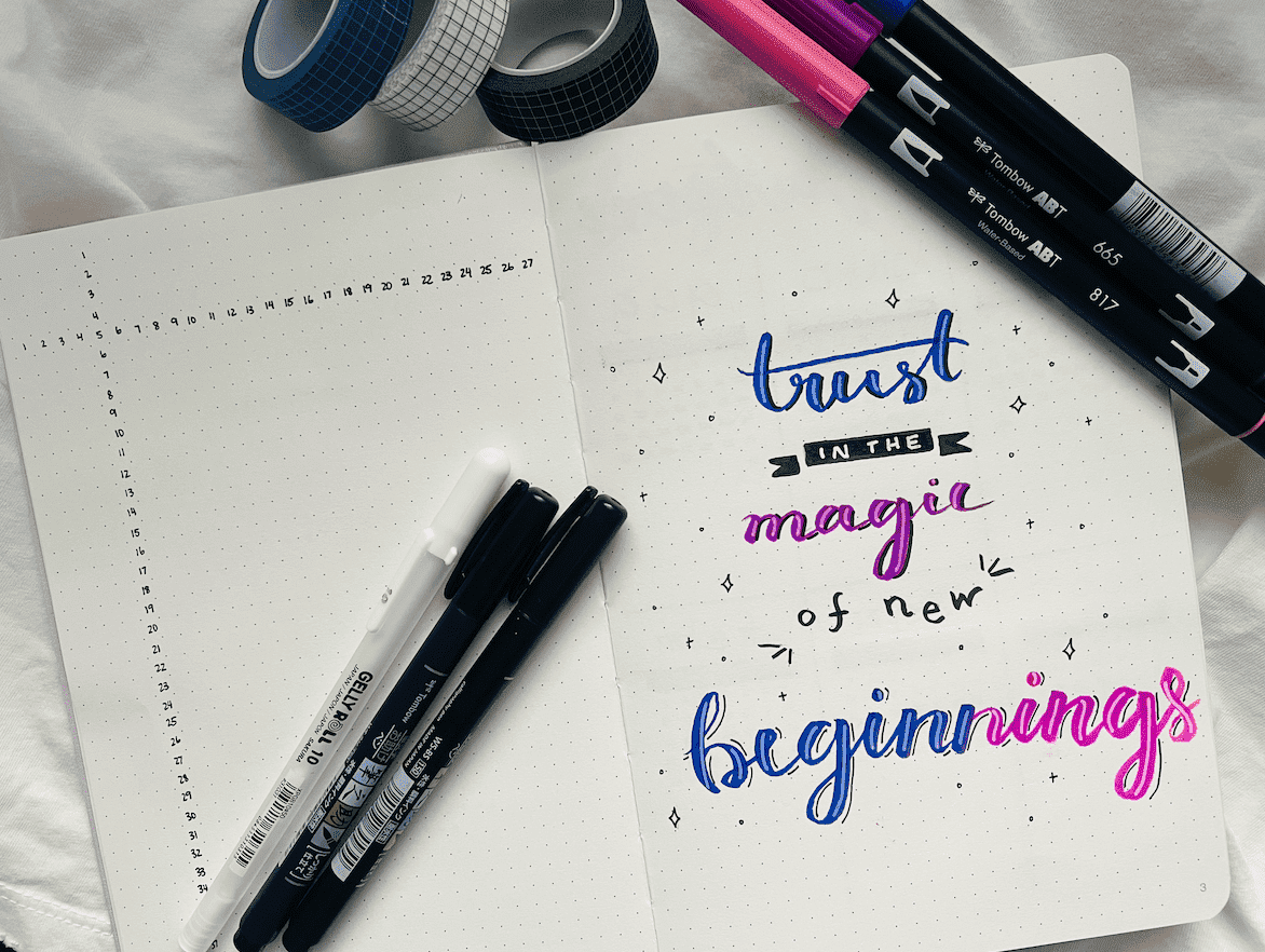 This image shows one of my quote pages, which I made using Tombow dual brush pens, Tombow Fudenosuke calligraphy pens, and a white Gelly Roll pen.