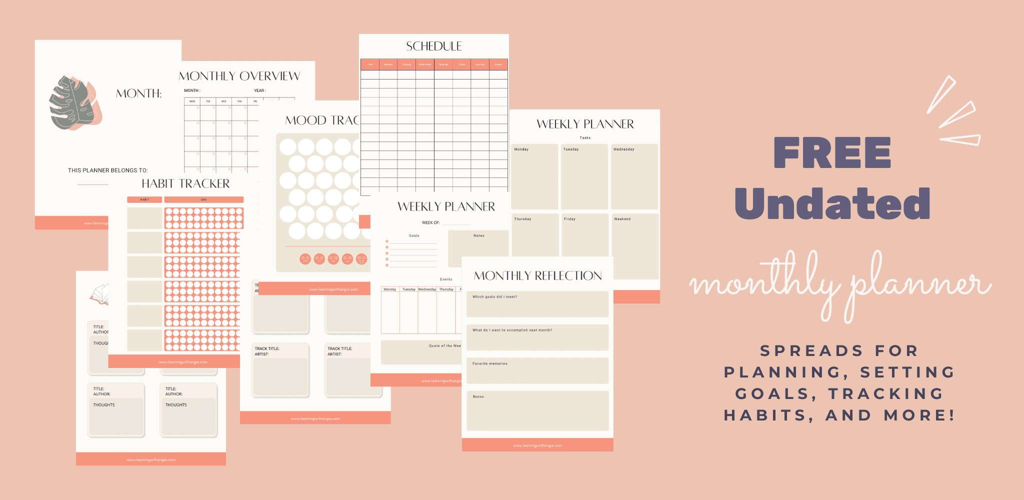 Spreads for planning, habit tracking, mood tracking, self-reflection, and more that you can use any month of the year.