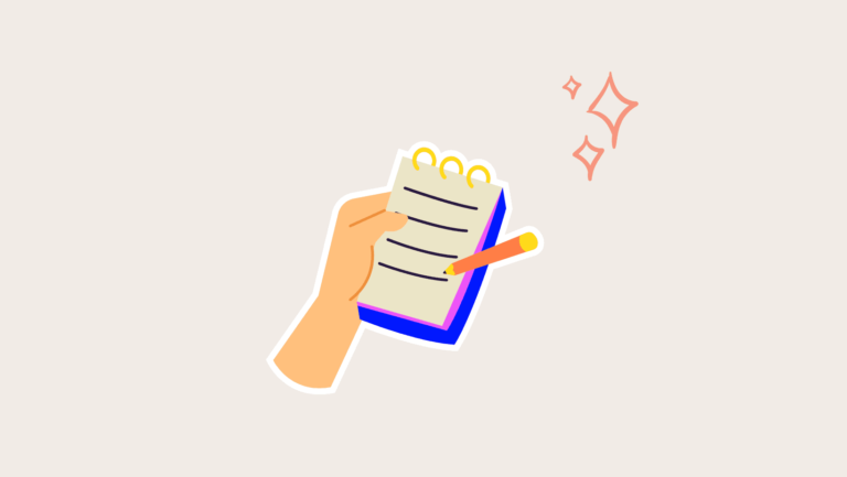 vector of a hand holding a notepad with a pencil writing on it