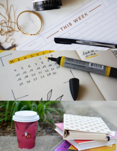 A collage shows a weekly planner, pen, and bracelet; a calendar with a marker; and a takeaway coffee cup next to stacked notebooks, including a polka-dot planner.
