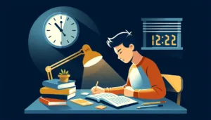 A boy sits at a desk late at night, writing in a notebook under a desk lamp. Books, a plant, and stationery are on the desk. A wall clock shows 10:10, and a digital clock displays 12:22.