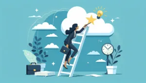 A woman in business attire climbs a ladder toward a cloud, touching a golden star with a lightbulb. She carries a briefcase, surrounded by plants, a clock, and office items, symbolizing achievement and ambition.