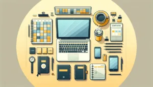A neatly arranged desk seen from above with a laptop, planner, notebooks, smartphone, pens, coffee cup, sticky notes, paper clips, and other office supplies in a yellow and gray color scheme.