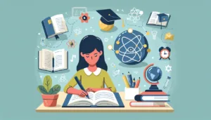 A girl sits at a desk writing in a notebook, surrounded by books, a globe, science icons, a clock, and a plant, representing studying and learning in a creative educational environment.