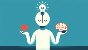 Illustration of a person with a lightbulb for a head, eyes closed, holding a red heart in one hand and a brain in the other, symbolizing balance between emotion and logic.