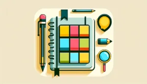 A colorful notebook with a grid cover is surrounded by a pencil, pen, highlighter, magnifying glass, and a label marker, all illustrated in a bright, modern cartoon style.