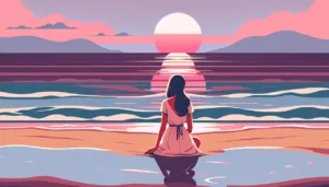 A woman in a pink dress sits on a beach at sunset, gazing at the sun setting over calm ocean waves. The sky and water are tinted with shades of pink, orange, and purple, creating a peaceful, dreamy scene.
