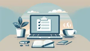 Illustration of a workspace with a laptop displaying a checklist, a potted plant, a steaming cup, an open notebook with a pen, a smartphone, paper clips, and a pencil, set against a soft, pastel background.