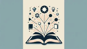 An open book with rays and lines shooting upward, releasing icons like stars, shapes, planets, books, and a lightbulb, symbolizing imagination, creativity, and knowledge coming from reading.