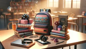 A cozy classroom with sunlight streaming in. A desk holds a patterned backpack, stacked books, wrapped gifts with bows, a tablet, headphones, a notebook, pens, and a glass of orange juice. Bookshelves fill the background.