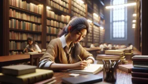 A young woman with long hair sits at a wooden desk in a library, surrounded by stacks of books, writing in a notebook. Rows of bookshelves and other people studying are visible in the background.