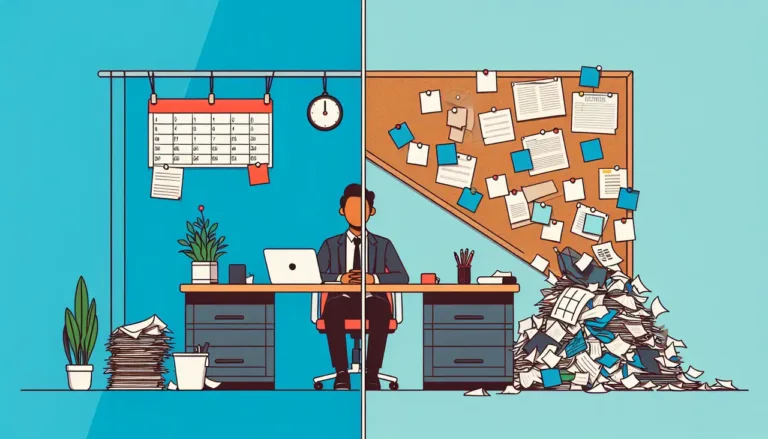 A split image shows an organized office on the left, with a tidy desk, plant, and neat calendar, and a messy office on the right, with cluttered papers, overflowing trash, and a chaotic bulletin board. A person sits at the desk.