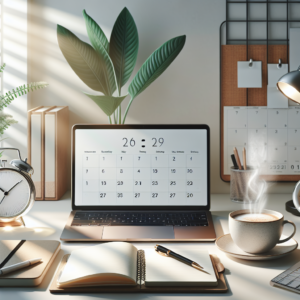 A tidy desk with a laptop displaying a calendar, an open notebook, a pen, a cup of steaming coffee, an alarm clock, potted plants, and hanging wall calendars in a sunlit home office.