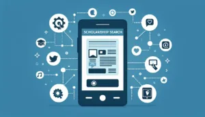 Illustration of a smartphone displaying a Scholarship Search page, surrounded by icons for settings, social media, chat, heart, email, gears, and location, all connected by dotted lines on a blue background.