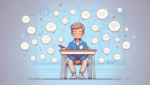 A boy sits calmly at a desk in a classroom, eyes closed and hands clasped, surrounded by floating speech bubbles with positive affirmations, suggesting mindfulness or positive thinking.