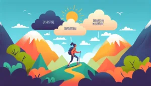 An illustration of a person hiking along a winding path through colorful mountains, with three labeled clouds above: INSPIRATURE, INPIVATION, and INGIVATION MOVATURE. The sun shines behind the clouds.