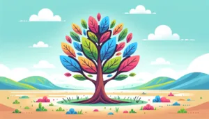 A colorful, stylized tree with bright multicolored leaves stands in the center of a flat landscape, with green hills, blue sky, fluffy clouds, and small bushes and flowers scattered on the ground.