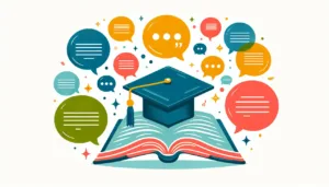 An open book with a graduation cap on top, surrounded by colorful speech bubbles, representing education, learning, and communication.