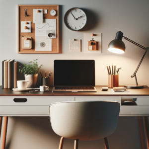A tidy home office desk with a laptop, books, coffee cup, lamp, and stationery. A pinboard, wall clock, and calendar hang on the wall above, with soft lighting creating a cozy, organized workspace atmosphere.
