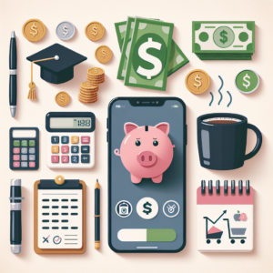 Illustration of financial and budgeting items, including a piggy bank on a smartphone, cash, coins, calculators, a graduation cap, clipboard, pen, coffee cup, and a notepad with a shopping cart sketch.