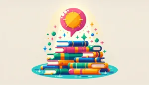 A colorful stack of books sits on a teal surface, surrounded by sparkles and bubbles. Above the books, a bright sun shines inside a pink speech bubble, casting a warm light over the scene.