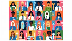 Illustration of a diverse group of people holding large keys, with colorful backgrounds, representing inclusivity, opportunity, and empowerment. Each person is unique in appearance, style, and expression.