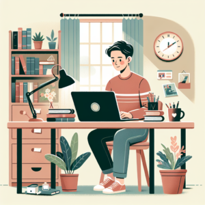 A person sits at a desk working on a laptop in a cozy, organized room with bookshelves, potted plants, a lamp, and wall decorations, including a clock and photos. Sunlight streams in through the window behind them.