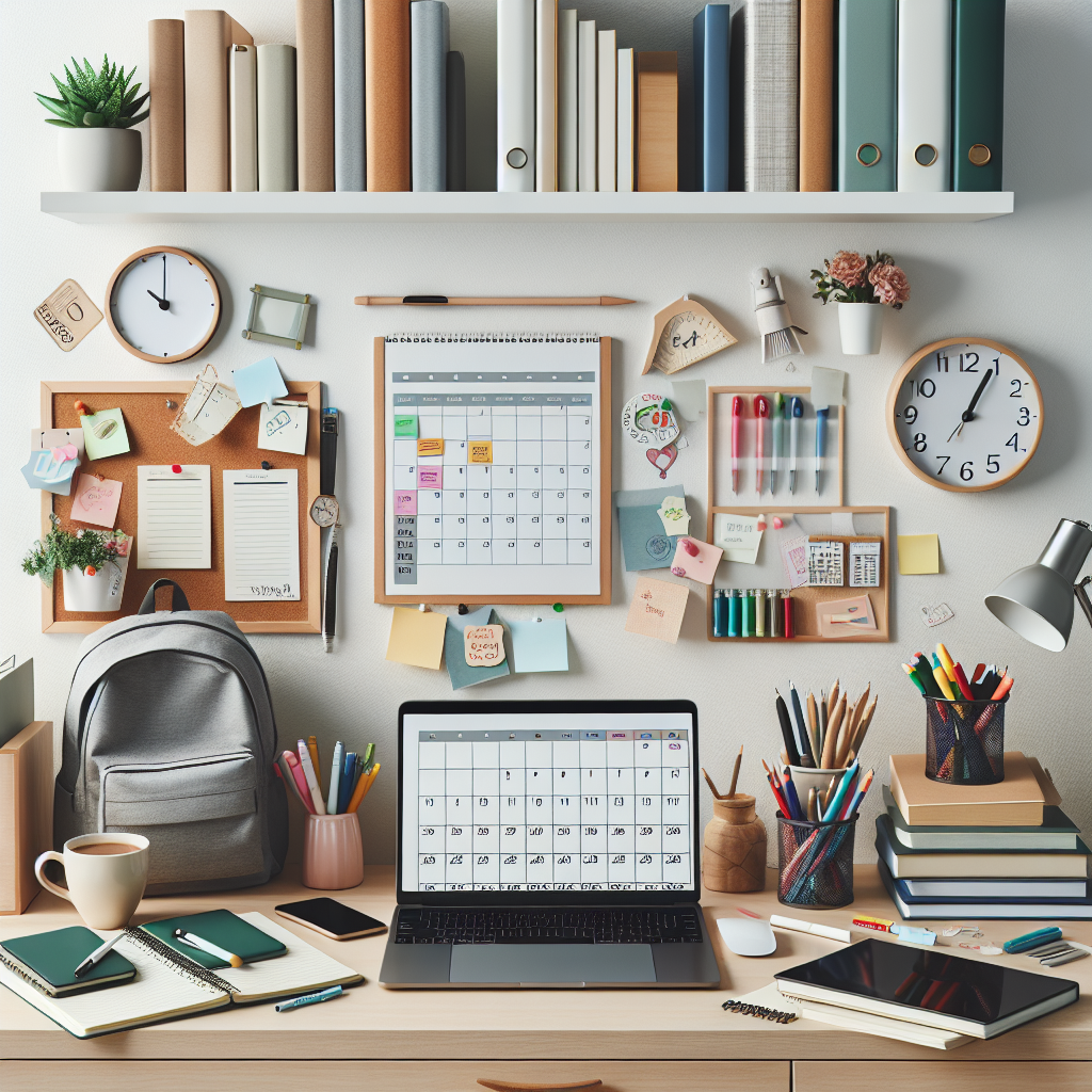 A study area with an open laptop computer on a desk with various calendars etc on the wall