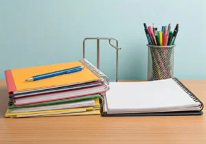 Notebooks and a notepad with a cupholder with colored pencils