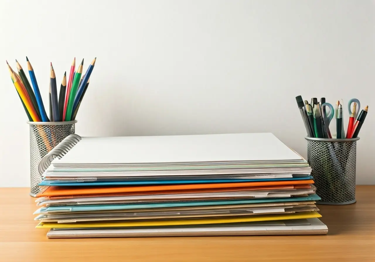 A pile of papers on a desk in a desktop file container with a pen holder on either side