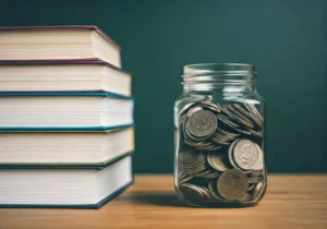 Stack of text books sitting besidea jar of coins