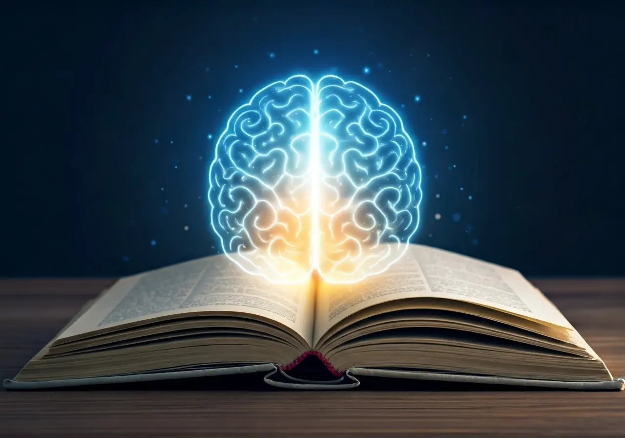 An open book on a wooden surface with a glowing, holographic brain emerging from its pages against a dark background, symbolizing knowledge and learning.