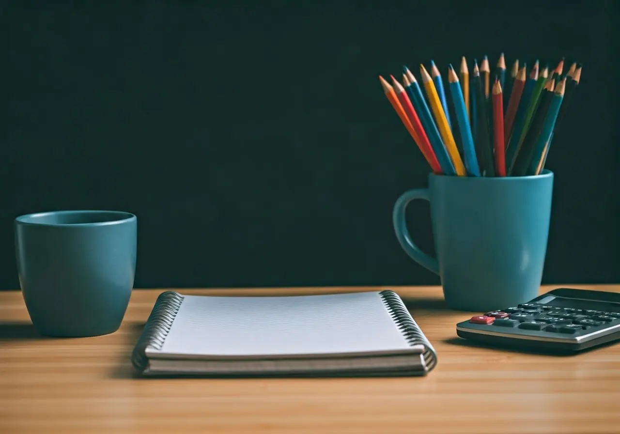 A spiral notebook, a blue mug with colored pencils, a calculator, and a second blue mug are arranged on a wooden desk against a dark background.