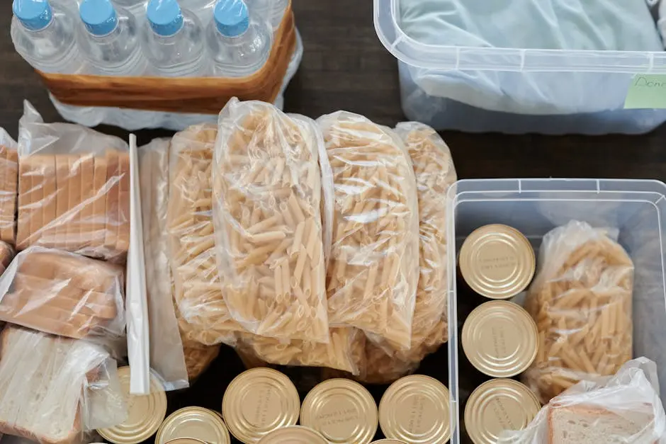 Plastic bags of pasta, loaves of sliced bread, canned food, bottles of water, and a container with a cloth are neatly arranged on a table, viewed from above.