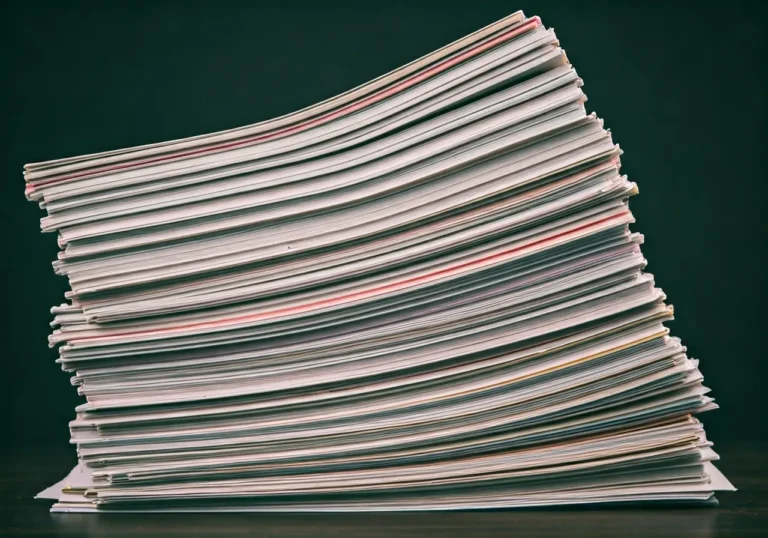 A large stack of magazines or documents is neatly piled on a dark surface, viewed from the side. The papers are slightly curved, displaying colorful edges against a dark background.