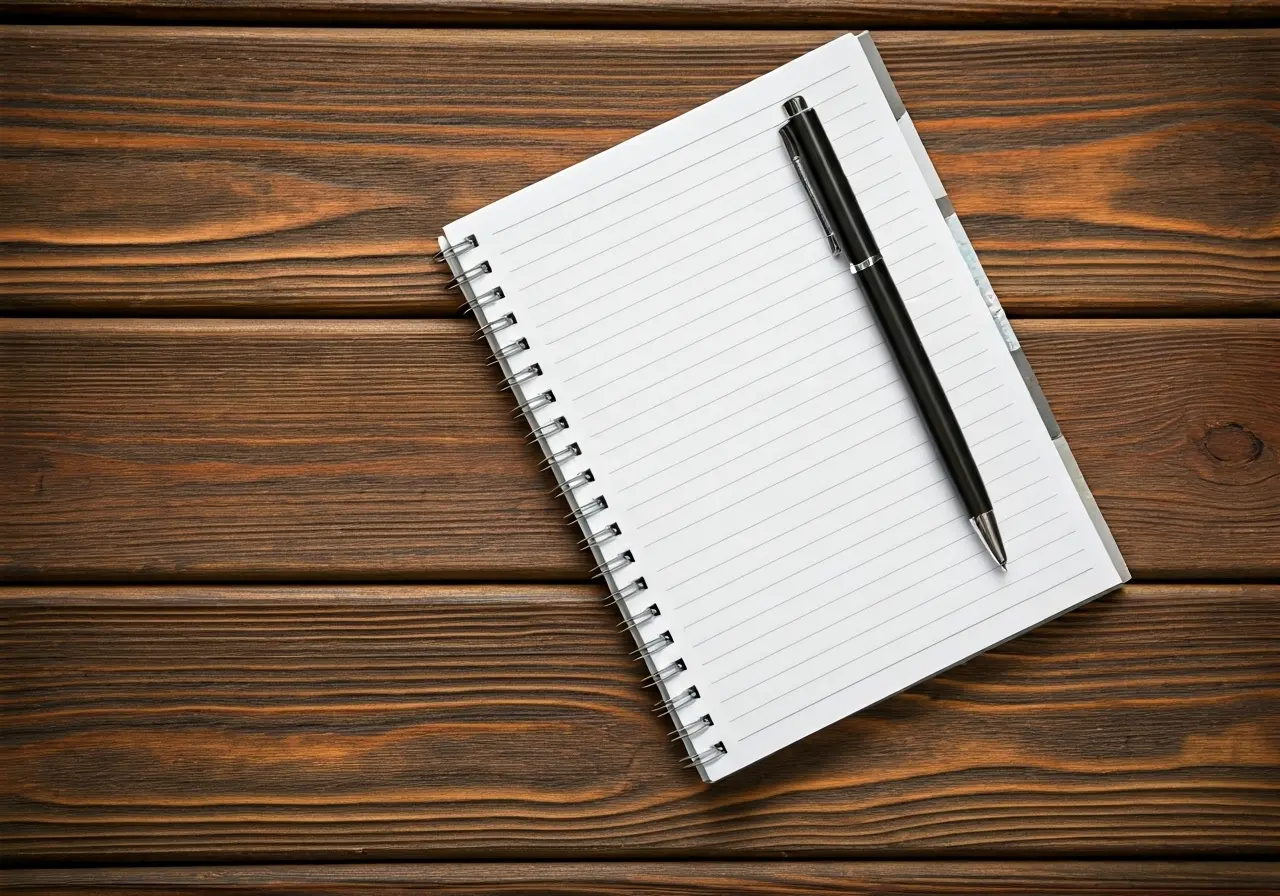 A black pen rests on an open, lined spiral notebook placed on a dark brown wooden table. The notebook is positioned at an angle, and the table has a visible wood grain texture.