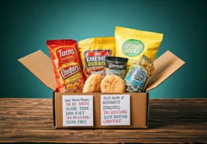 An open cardboard box filled with assorted packaged snacks, including chips, crackers, and cookies, sitting on a wooden surface against a teal background. Handwritten labels are attached to the front of the box.
