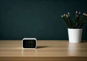 A digital clock and a cup filled with black pencils sit on a wooden desk against a dark green background. The desk is mostly empty, creating a minimalist look.