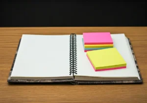 An open spiral notebook with blank white pages sits on a wooden desk. Several stacks of colorful sticky notes, including pink, yellow, and blue, are placed on the right side of the notebook.