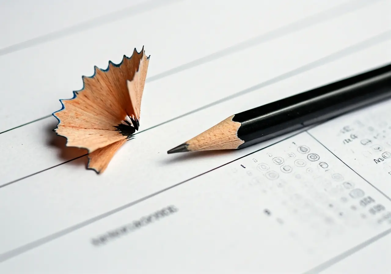A sharpened pencil and a pencil shaving rest on a standardized test answer sheet with multiple-choice bubbles.