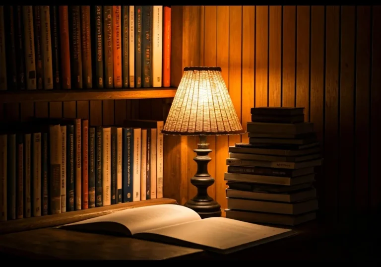 A cozy reading nook with a glowing table lamp, open book on a wooden desk, stacked books beside it, and shelves filled with neatly arranged books against a wood-paneled wall.