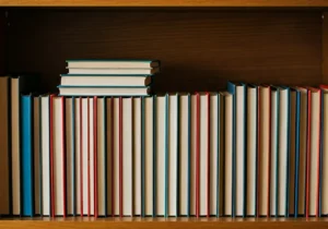 A wooden bookshelf holding two horizontal stacks of hardcover books with blank white covers and colorful spines; most books are upright while a few are stacked horizontally on top.