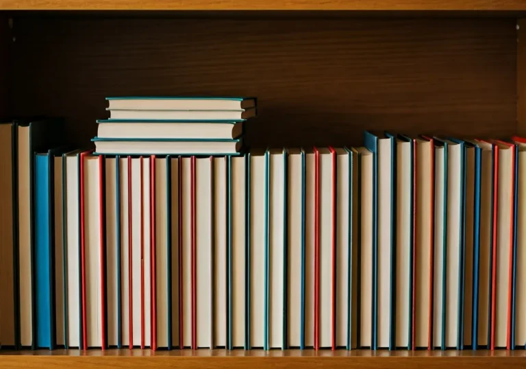 A wooden bookshelf holding two horizontal stacks of hardcover books with blank white covers and colorful spines; most books are upright while a few are stacked horizontally on top.