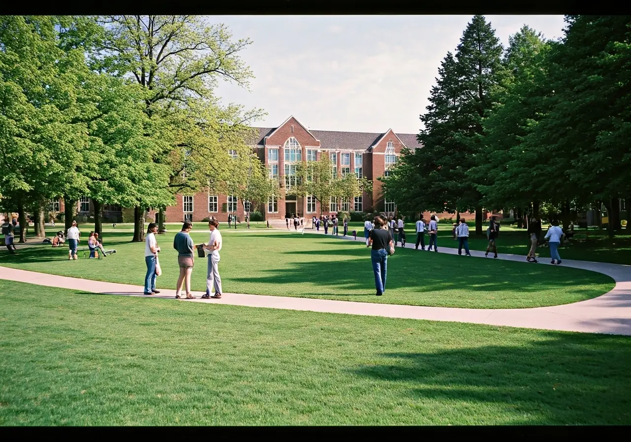 Students stand and walk in groups on a bright green lawn bordered by trees, with a large brick academic building with tall windows in the background under a partly cloudy sky.