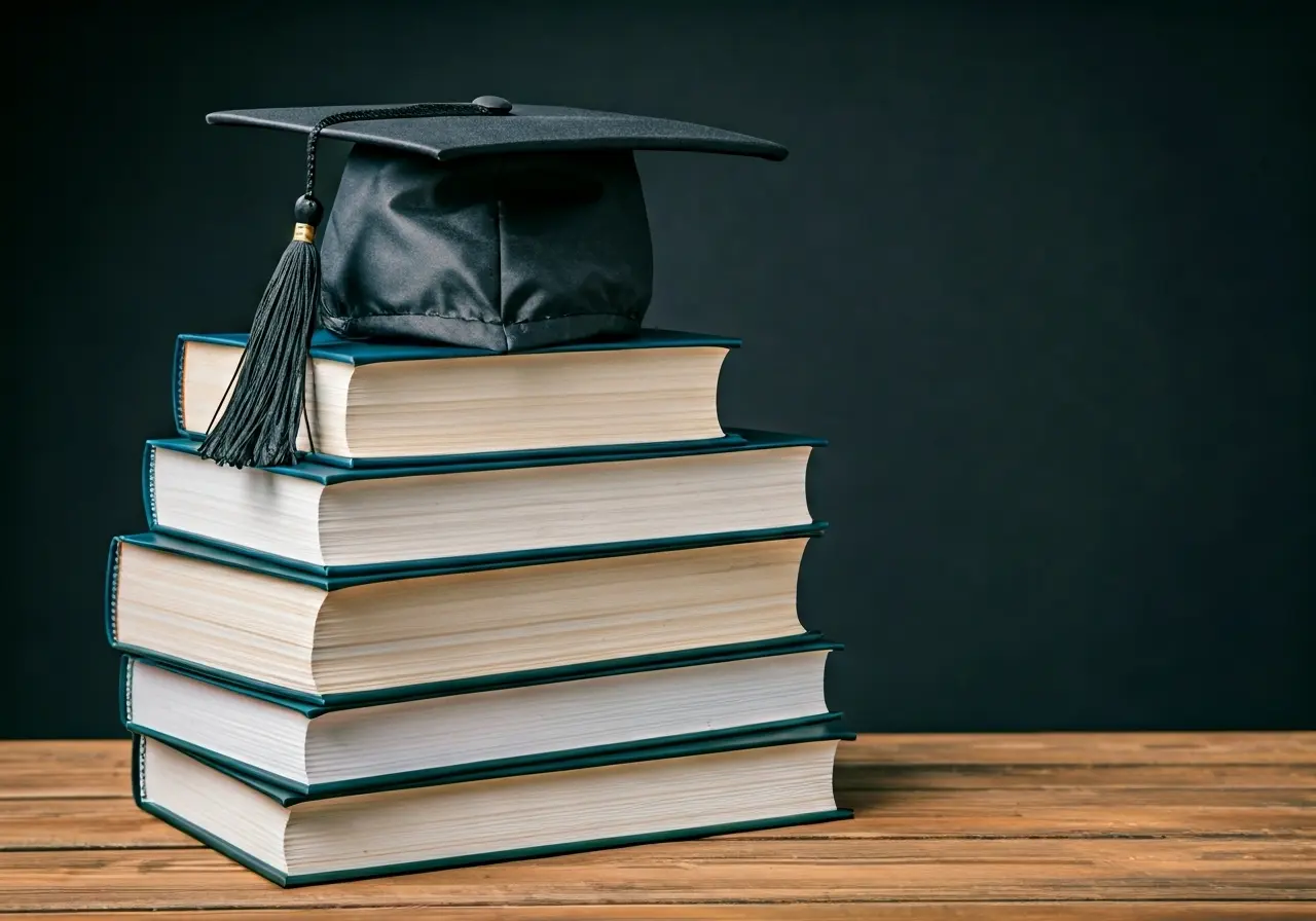 A black graduation cap with a tassel rests on top of a stack of five hardcover books on a wooden table, against a dark background.