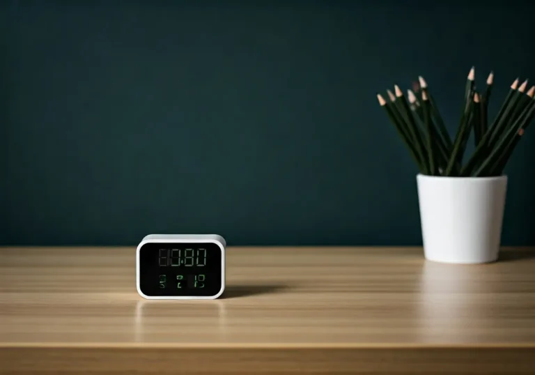 A digital clock and a cup filled with black pencils sit on a wooden desk against a dark green background. The desk is mostly empty, creating a minimalist look.