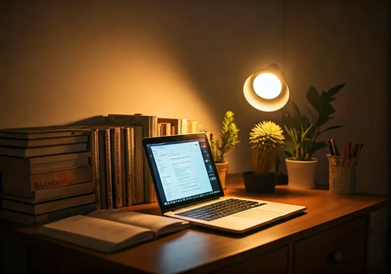 A warmly lit wooden desk with an open laptop, an open book, stacks of books, green potted plants, and a round lamp casting a gentle light in a cozy study setting.