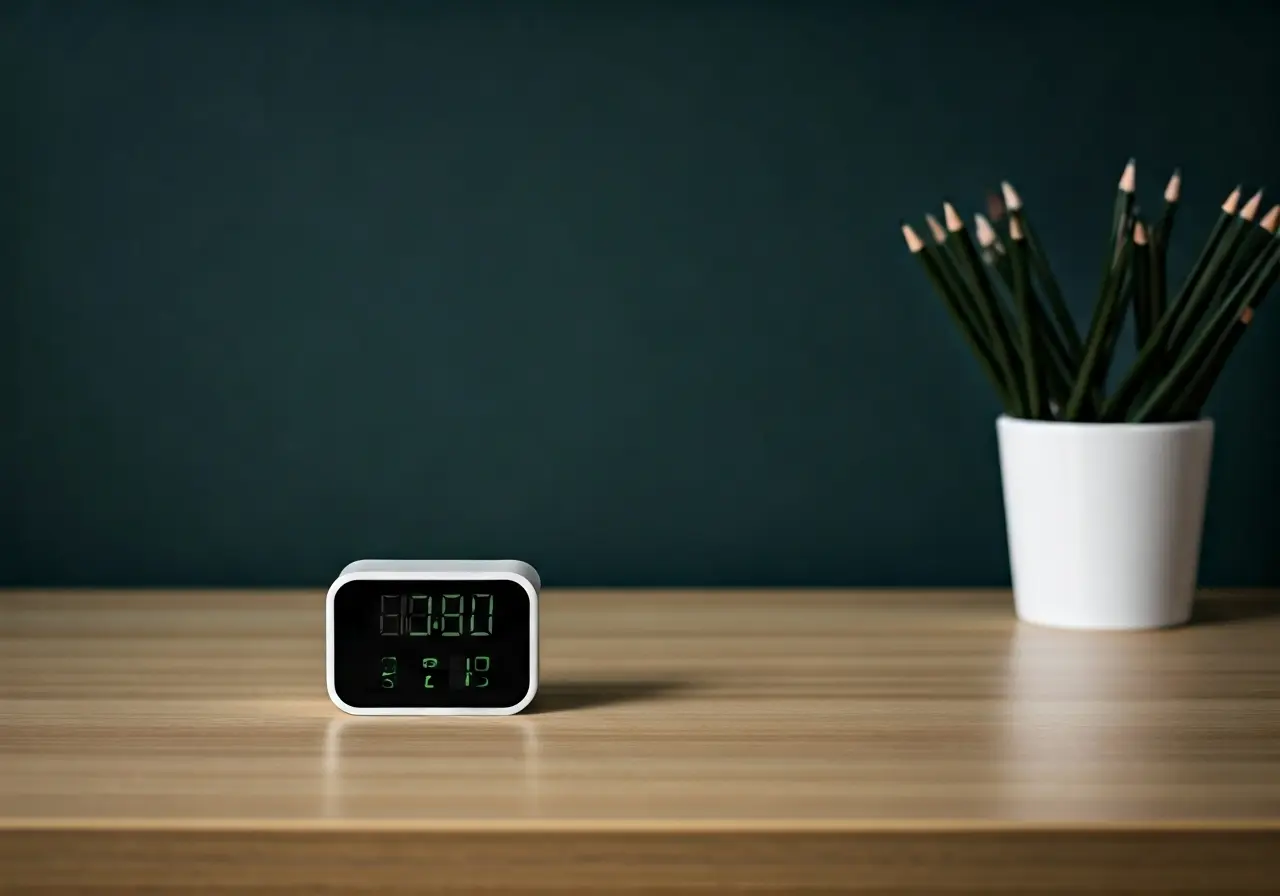 A digital clock and a cup filled with black pencils sit on a wooden desk against a dark green background. The desk is mostly empty, creating a minimalist look.
