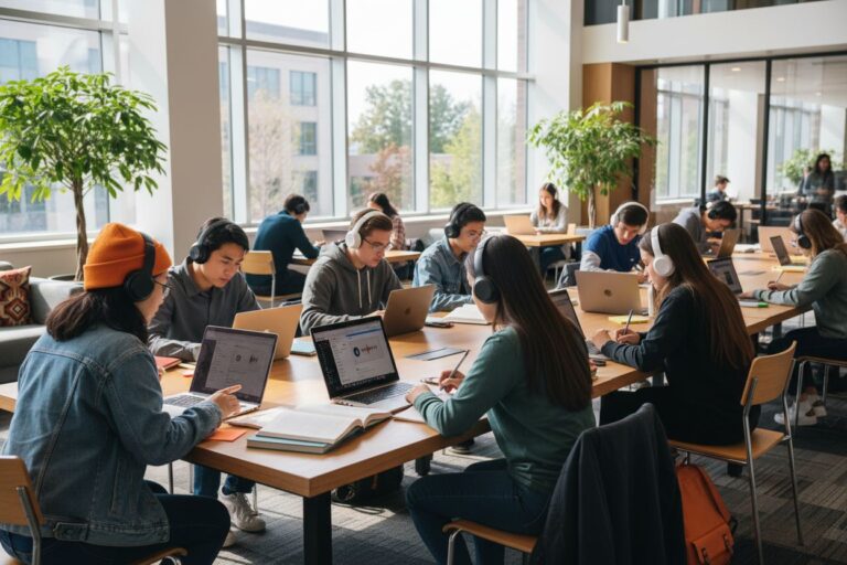 students studying music headphones university lounge